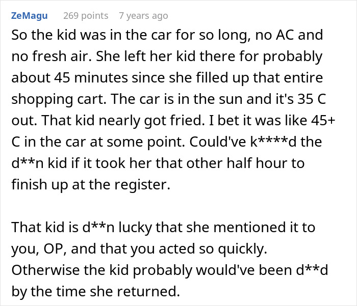 A comment detailing the parenting fail where a mom left her kid in a car for 45 minutes in 35 C weather. A comment detailing the parenting fail where a mom left her kid in a car for 45 minutes in 35 C weather.