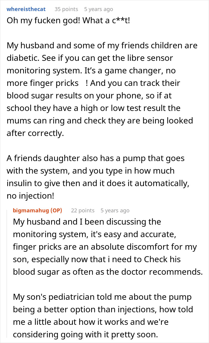 Reddit comments suggesting a Libre sensor monitoring system and insulin pump for a child with diabetes, due to MIL.