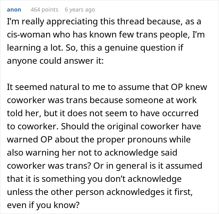 Trans Woman Mad At Coworker Who "Clocked" Her Identity, Which She Thought Was A Secret All Along