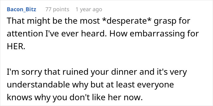 Reddit comment screenshot focusing on a mother-in-law's spectacle at a rehearsal dinner, and the bride's reaction. Reddit comment screenshot focusing on a mother-in-law's spectacle at a rehearsal dinner, and the bride's reaction.