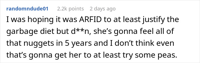 A comment about a picky eater girlfriend relationship, questioning if ARFID justifies a diet of only nuggets. A comment about a picky eater girlfriend relationship, questioning if ARFID justifies a diet of only nuggets.