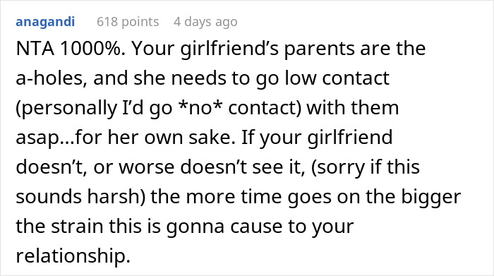 Comment advising low or no contact with girlfriend's homophobic parents