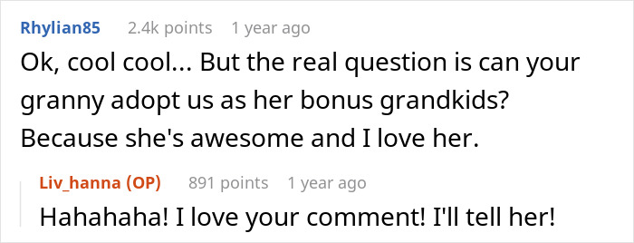 User asking if grandma can adopt them as bonus grandkids User asking if grandma can adopt them as bonus grandkids