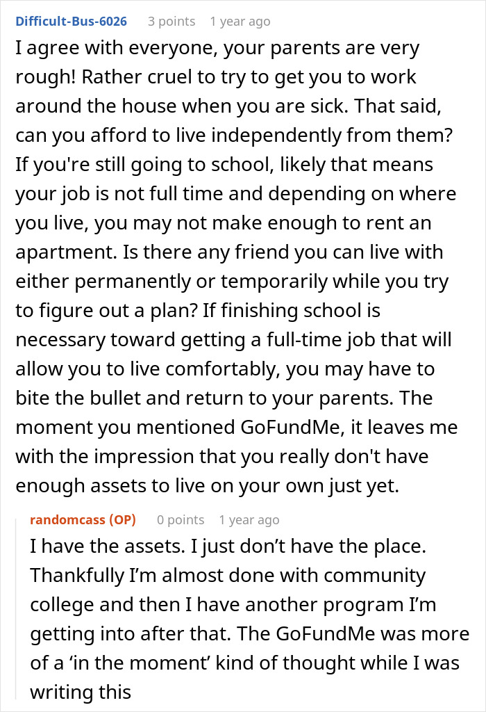 A Reddit comment advises a woman to leave home if she refuses to follow one rule, suggesting she find independent living.