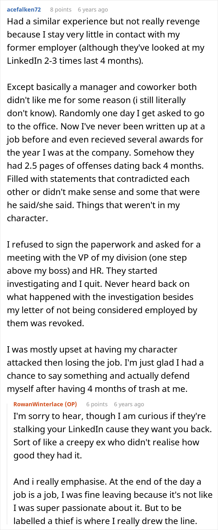 A Reddit user describing a similar unjust firing experience, sharing how they got revenge.
