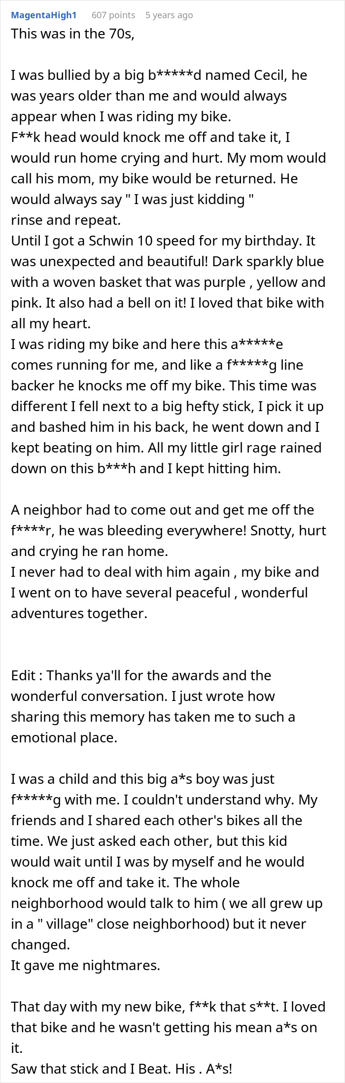 A lengthy comment from a user recounting their experience with a bully after his mom dumped him on a beach trip. A lengthy comment from a user recounting their experience with a bully after his mom dumped him on a beach trip.