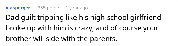 A screenshot of a comment about the dad guilt tripping and the brother siding with parents, related to the woman refusing to follow one rule.