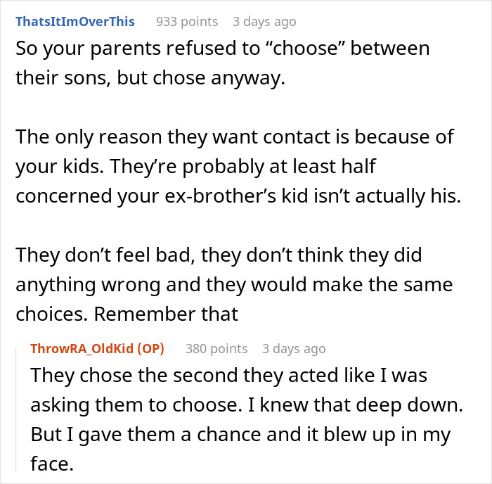Commenters discuss parents choosing between sons and concerns about grandchildren in family conflict Commenters discuss parents choosing between sons and concerns about grandchildren in family conflict