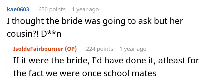 Comments discussing bride and cousin in bride&rsquo;s friend silence story