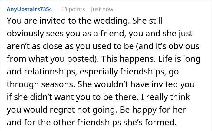 A comment encourages the bestie to attend the wedding, noting friendships evolve over time.