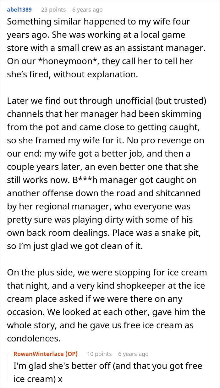 Abel1389 shares a similar story about his wife fired, her manager exposed for skimming, relating to unjust firing.