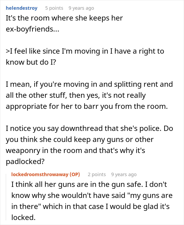 Speculation on guns or ex-boyfriends as reason for locked spare bedroom padlock Speculation on guns or ex-boyfriends as reason for locked spare bedroom padlock