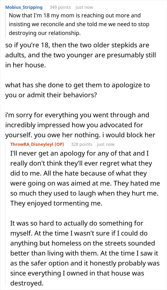 Teen explains no apology received and torment by step-siblings, choosing to leave house