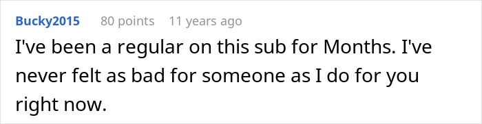 A screenshot of a comment from a user named Bucky2015, expressing sympathy, related to a toxic guy and his rules.