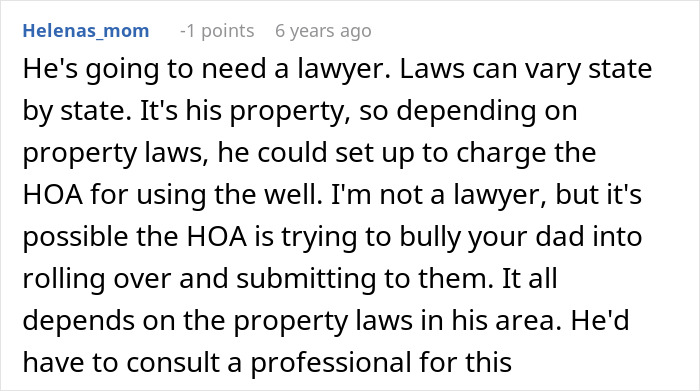 Comment advising to consult a lawyer about HOA water well legal issues Comment advising to consult a lawyer about HOA water well legal issues