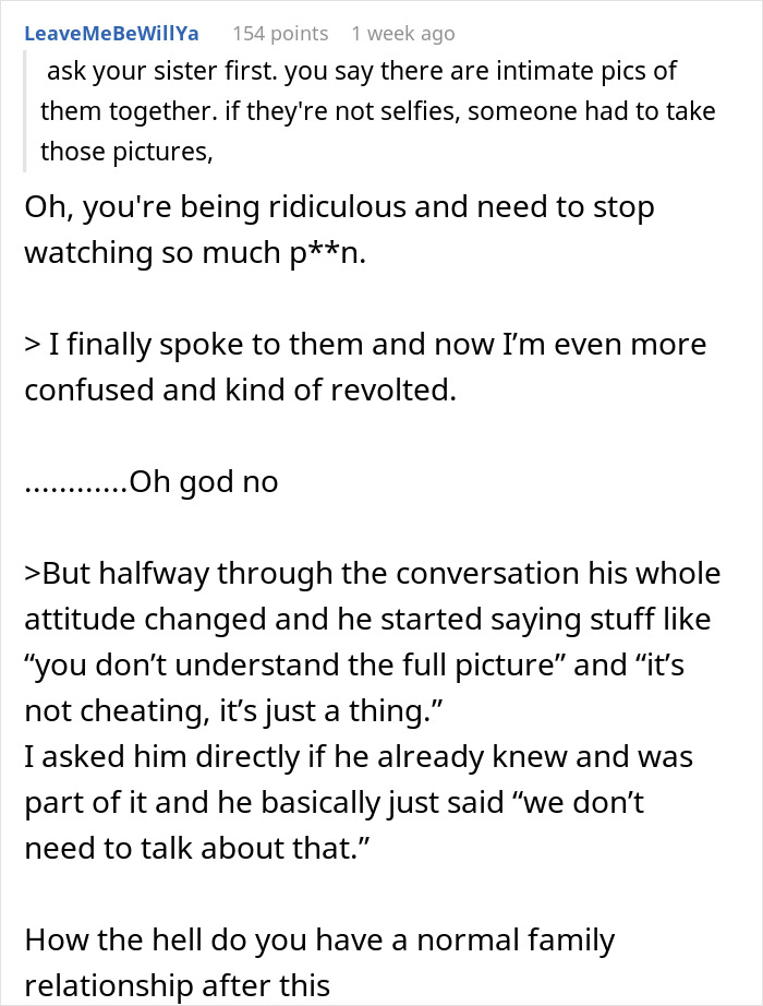 Comments discussing reaction to explicit photos involving family and girlfriend