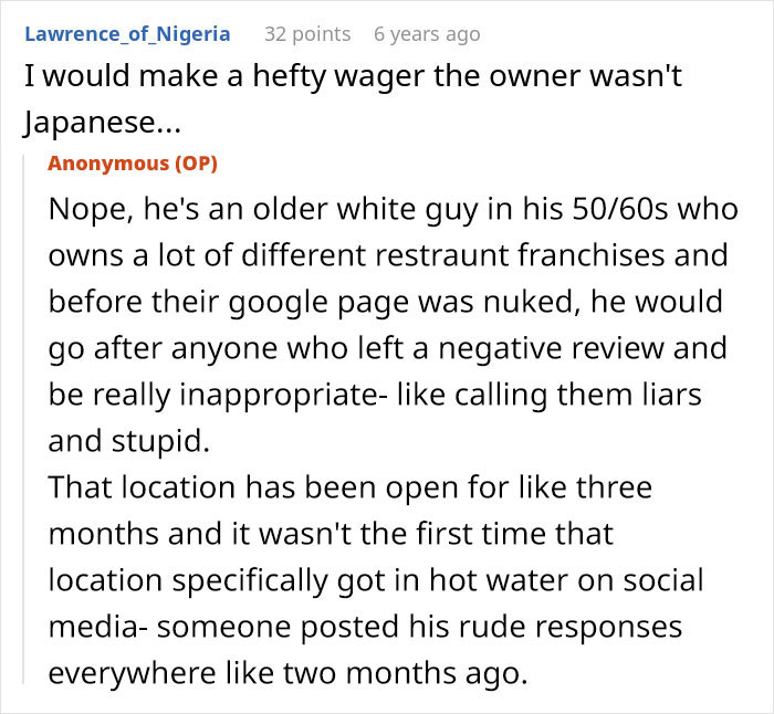 A Reddit comment discusses a restaurant owner, describing him as an older white guy who used employees for a scam.
