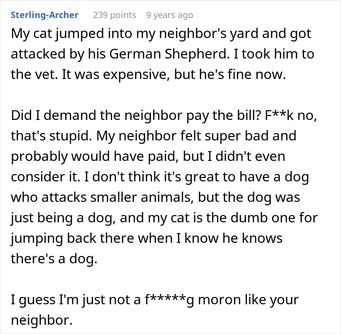Reddit comment about a neighbor's petty acts and a cat getting attacked, leading to revenge with beetles.