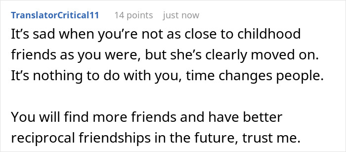 A comment advises the bestie that friendship changes and she will find better friendships.