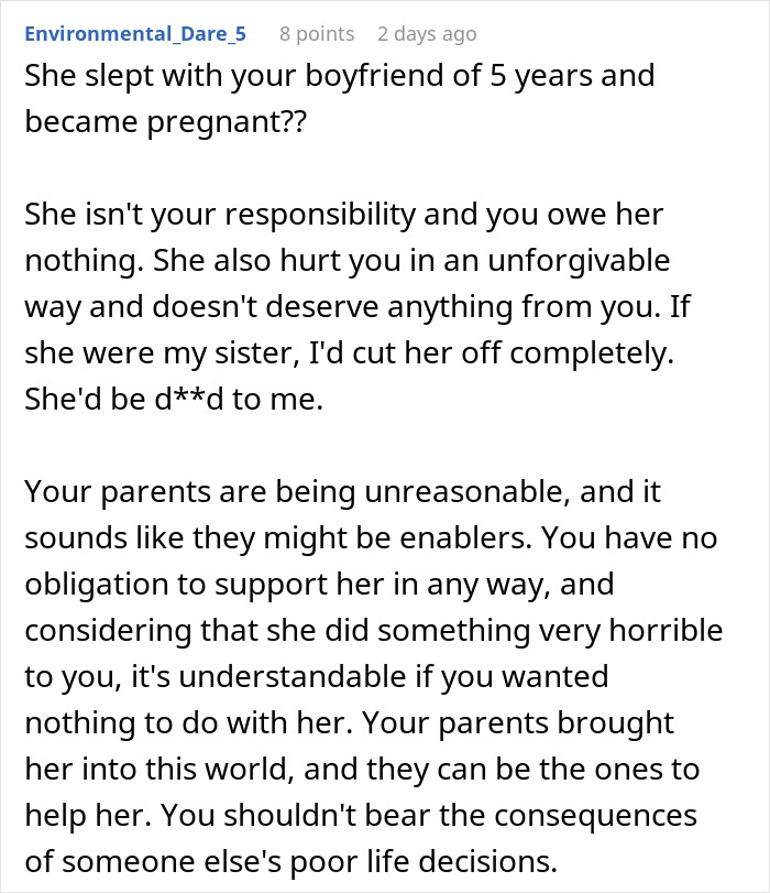 Comment explaining sister's betrayal and no obligation to help