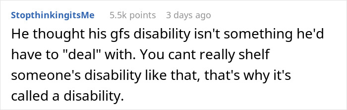 Comment about boyfriend not handling disability properly Comment about boyfriend not handling disability properly
