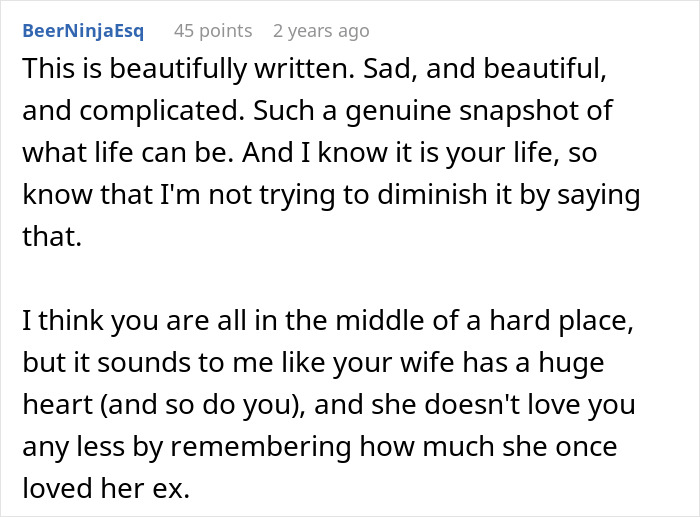 A Reddit comment reflecting on the complexity of love and a wife's feelings for her ex after her husband's accident.