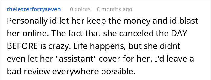 Comment advising to leave a bad review after coordinator cancels wedding last minute