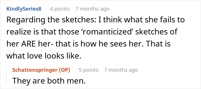 A comment about romanticized sketches and a reply correcting the gender, relevant to a husband's double life.
