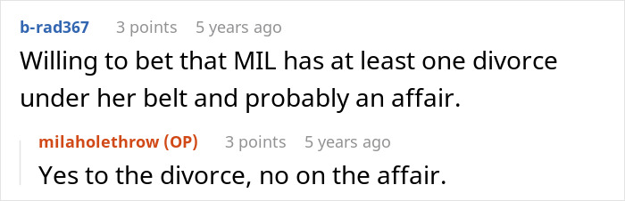Speculation about MIL's past divorce and affair in babysitting context
