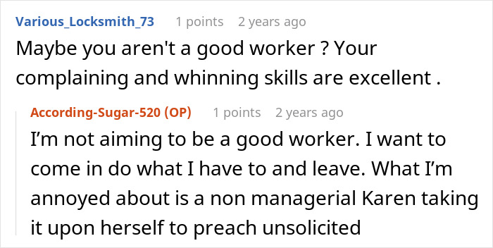 A Reddit comment where an OP responds to a user, stating they are annoyed by an Ableist Karen lecturing a coworker.