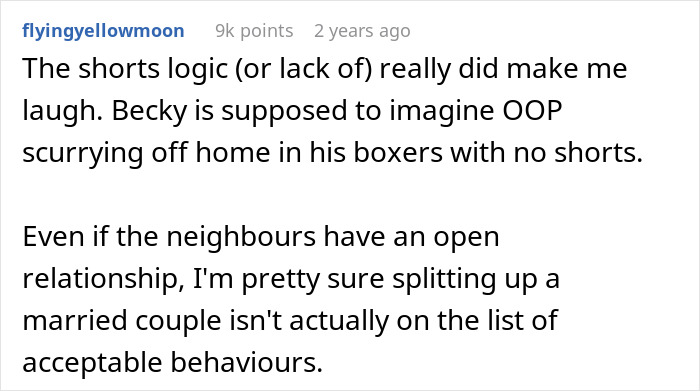 A comment about a creepy friend plotting to steal a husband, mentioning shorts and unacceptable behavior.