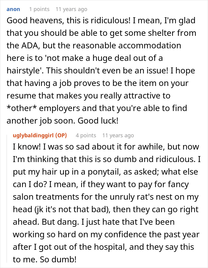 A screenshot of a user's comment section about a woman's messy hair and her job being on the line.