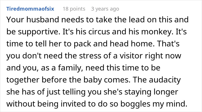A comment urges the husband to support his pregnant wife by sending his mother-in-law home before the baby arrives.