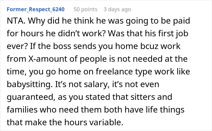 Comment questioning the expectation of pay for unpaid babysitting hours Comment questioning the expectation of pay for unpaid babysitting hours