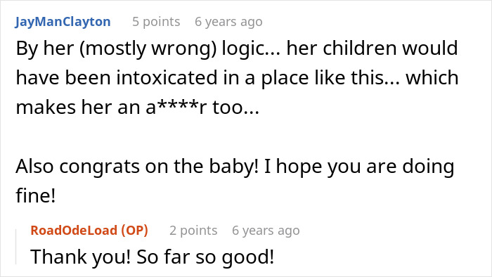 A Reddit comment from JayManClayton congratulating the pregnant woman and commenting on the religious fanatics' logic.