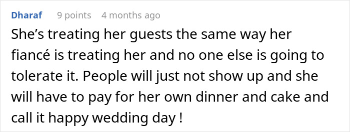Comment on wedding guests not tolerating fiancé's treatment Comment on wedding guests not tolerating fiancé's treatment
