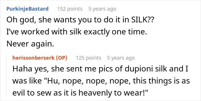 Reddit comment warning about difficulty of sewing with silk for wedding dress
