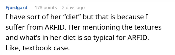 A Reddit comment explaining ARFID and its connection to a picky eater girlfriend's dietary habits. A Reddit comment explaining ARFID and its connection to a picky eater girlfriend's dietary habits.