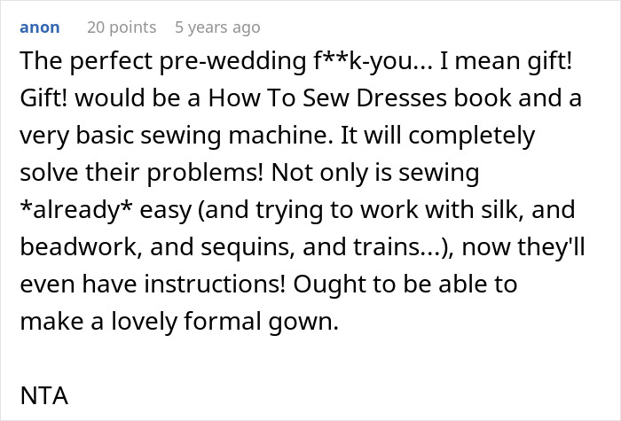 Comment suggesting sewing book and machine as gift to solve wedding dress issues