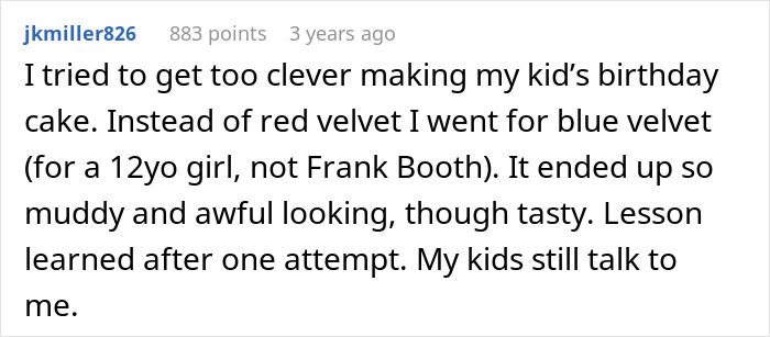 Reddit comment about attempting blue velvet cake for child's birthday with messy results Reddit comment about attempting blue velvet cake for child's birthday with messy results