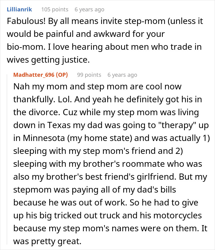 A Reddit comment discussing a bride inviting ex-stepmom to her wedding, spiting her dad for his secret wedding.