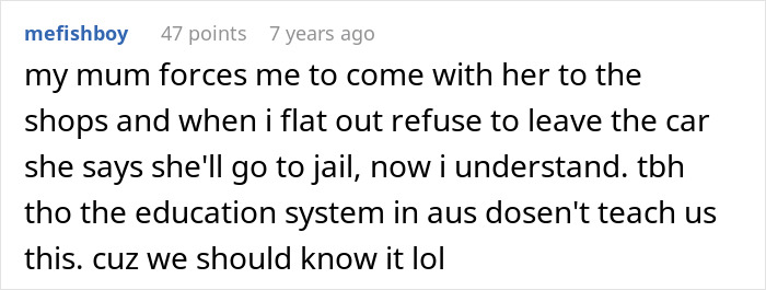 A user comment on parenting fail and the legal consequences of leaving a child in a car, mentioning arrest. A user comment on parenting fail and the legal consequences of leaving a child in a car, mentioning arrest.