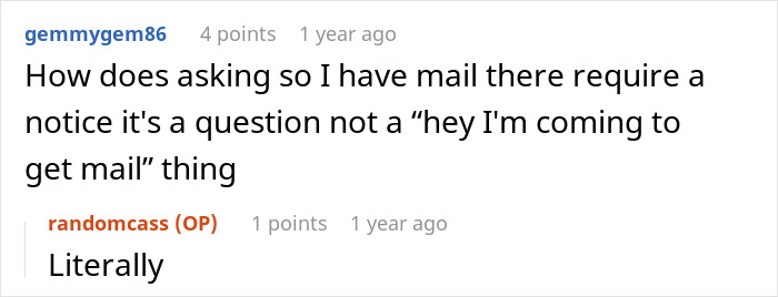 A woman asked to leave home after refusing to follow one rule discusses mail and required notices.