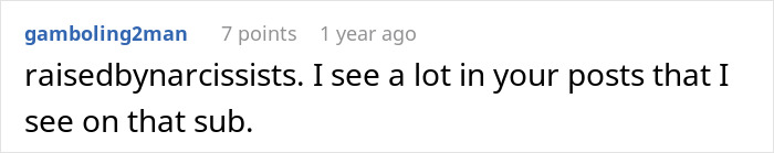 A Reddit comment identifying the user as having been raised by narcissists, relating to the woman's home rule issues.