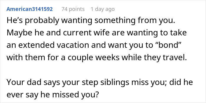 Screenshot of online discussion: User suggests father wants something from his daughter regarding stepkids. Screenshot of online discussion: User suggests father wants something from his daughter regarding stepkids.