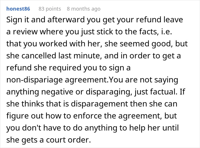 Suggestion to sign non-disparagement agreement for refund from wedding coordinator