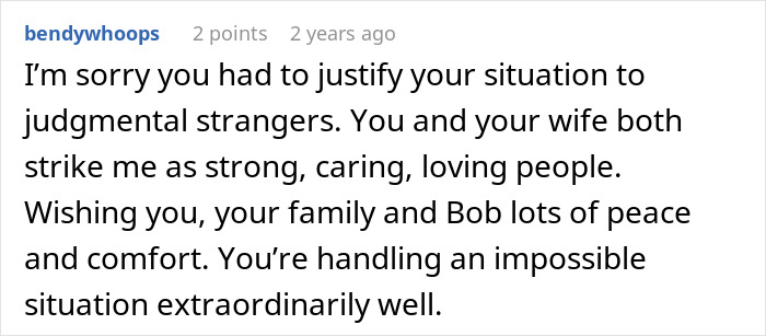 A comment on the husband's accident and marriage ending, describing the couple as strong, caring, and loving.