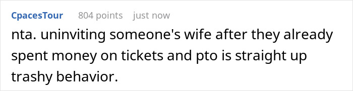A screenshot of a Reddit comment criticizing a groom for disinviting a wife from a destination wedding after PTO and travel were arranged. A screenshot of a Reddit comment criticizing a groom for disinviting a wife from a destination wedding after PTO and travel were arranged.
