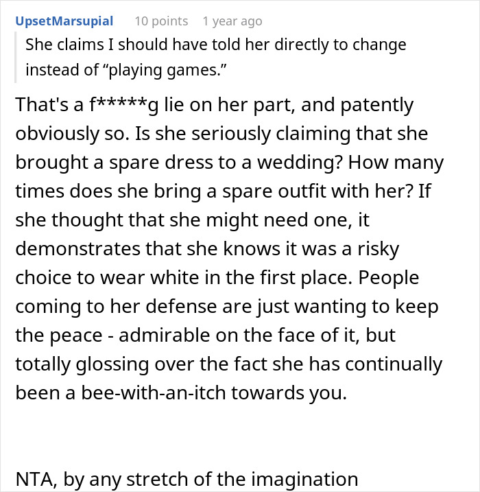 A comment analyzing the MIL's lie about bringing a spare dress and her knowing the risk of wearing white to a wedding.