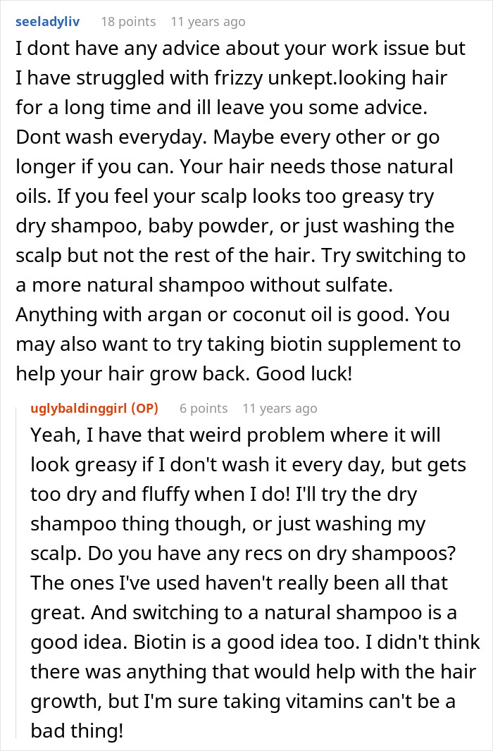A Reddit user offering advice on how to care for messy hair, suggesting natural oils and biotin supplements.